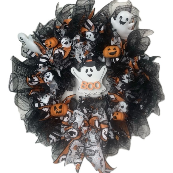 Handmade Other - Handmade Halloween Deco Mesh Wreath 18in Boo To You Ghost Pumpkin Black Orange